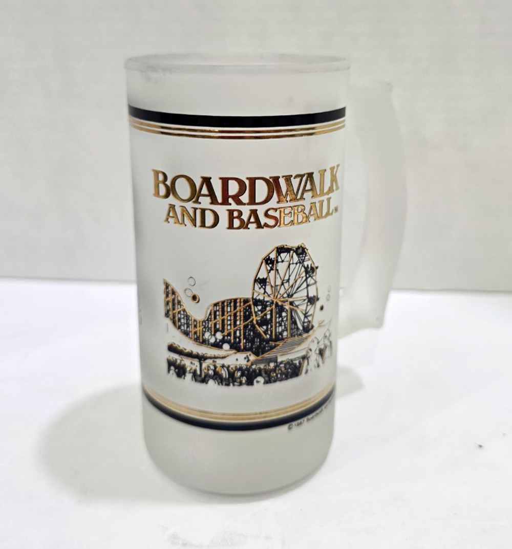 Vintage 1987 Boardwalk and Baseball 5¢ Beer Frosted Glass Mug Florida Theme Park